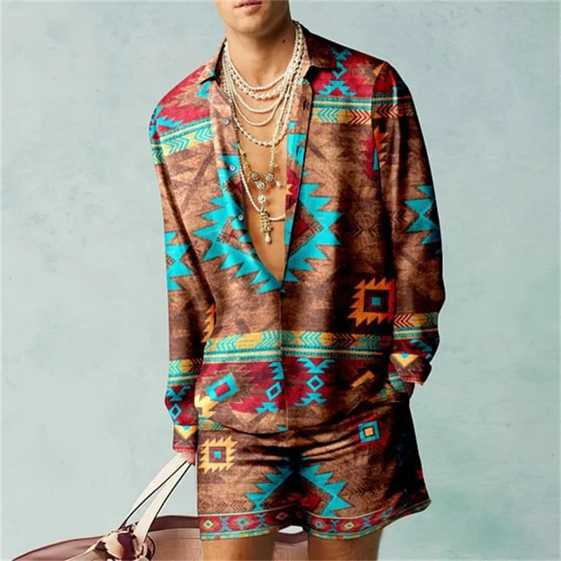 Vintage Men\'s Shirts Set Tiger Print Summer Long Sleeve Two Piece Hawaiian Beach Shirt Set 2023 Men\'s Fashion Street Tops Set