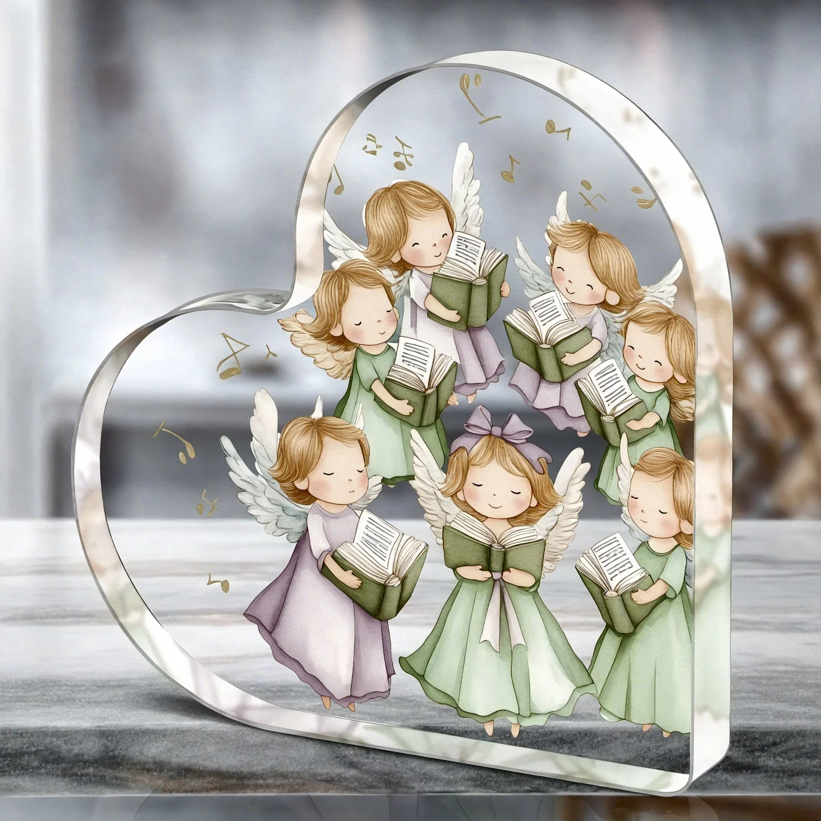 Religious Carol‑Singing Angels Heart Acrylic Keepsake Plaque, Holiday Tabletop Home Decoration