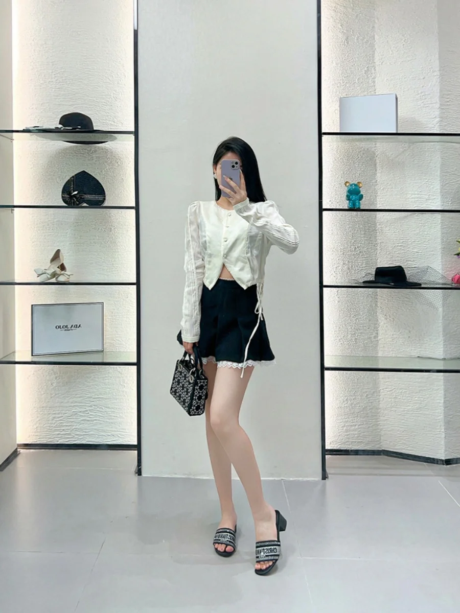 Retro Sle round Ne Tie ort irt Women's Top Floral Embroidery High Waist Commute Sle Summer New Arrival