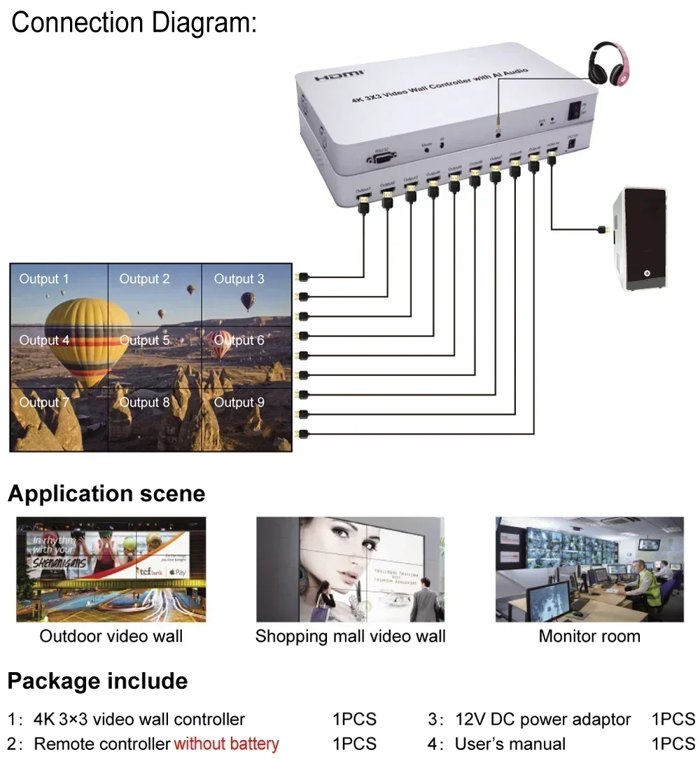 4K 3x3 HDMI Video Wall Controller 1 in 9 Out Multi Monitor Splicing Processor TV Splicer Support AI Audio Voice 1x3 1x4 2x2 2x4