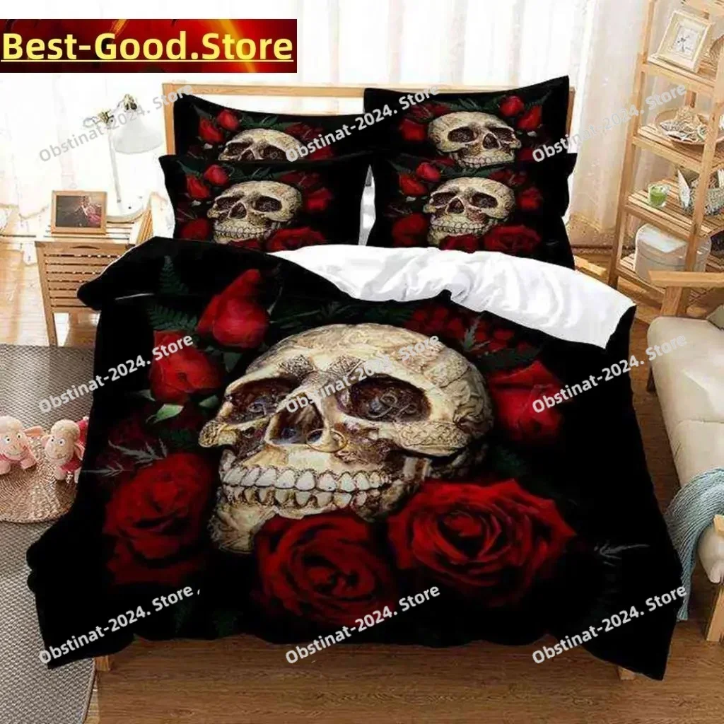 Skull Duvet Cover Set Twin Size Microfiber Orange Fire Skull Bedding Set Kids Boys 3D Skull Design Soft Comfortable Quilt Cover
