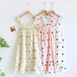 2024 New Japanese Summer Sleeping Dress 100% Cotton Crepe Thin Sling Dress Ladies Sweet and Cute Tank Top Long Dress Home Dress