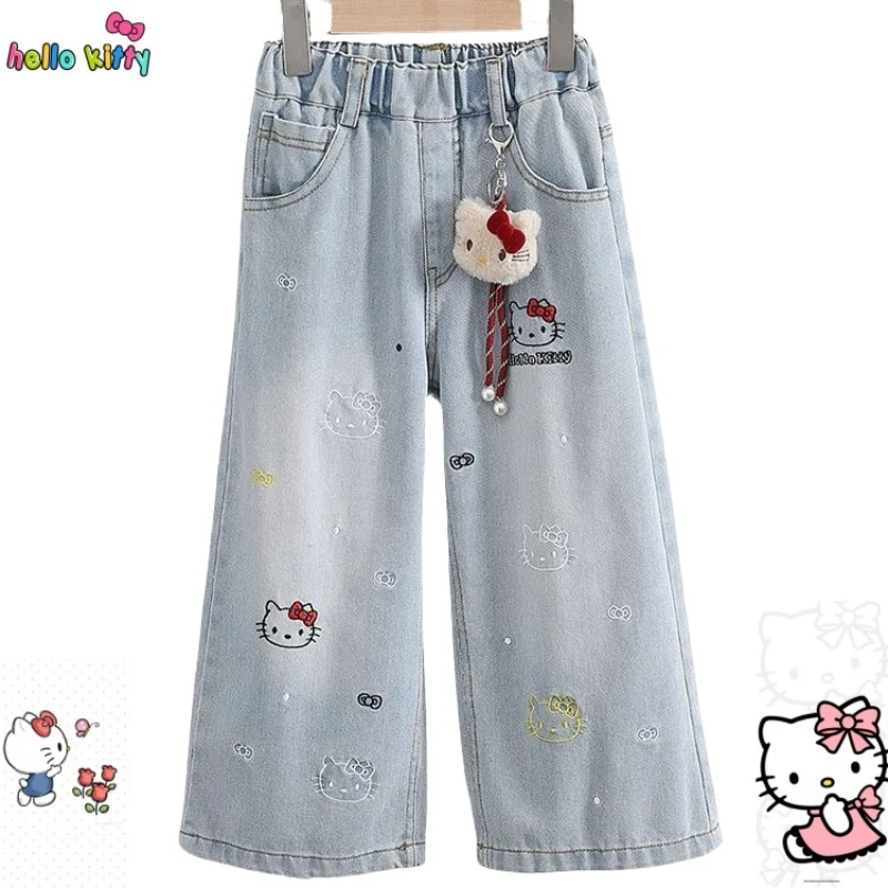 

Hello Kitty Girls' Jeans Summer 2025 New Straight Pants for Medium and Large Kids Cute and Comfortable Loose Wide-leg Pants