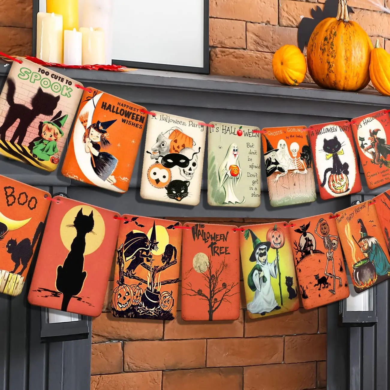 Halloween Hanging Decorations, Retro Johanna Parker Decor Pre-Strung Pumpkin Witch Ghost Cat Cartoon Patterns, Wall Bunting Garland Card Banner, Halloween Party Favor, Photo Supplies