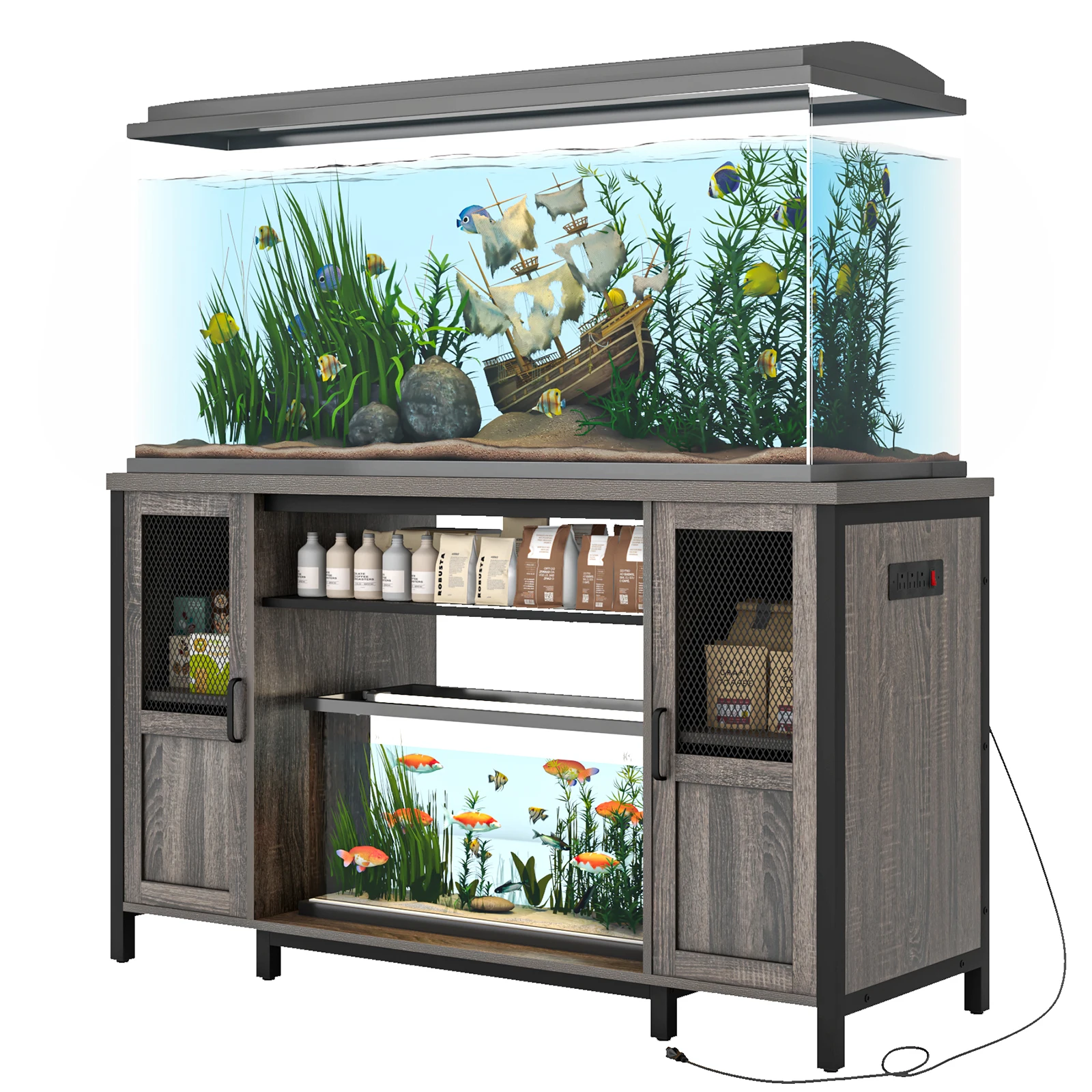 55-75 Gallon Fish Tank Stand with Power Outlet, Heavy Duty Metal Aquarium Stand for 2 Fish Tank Accessories Storage