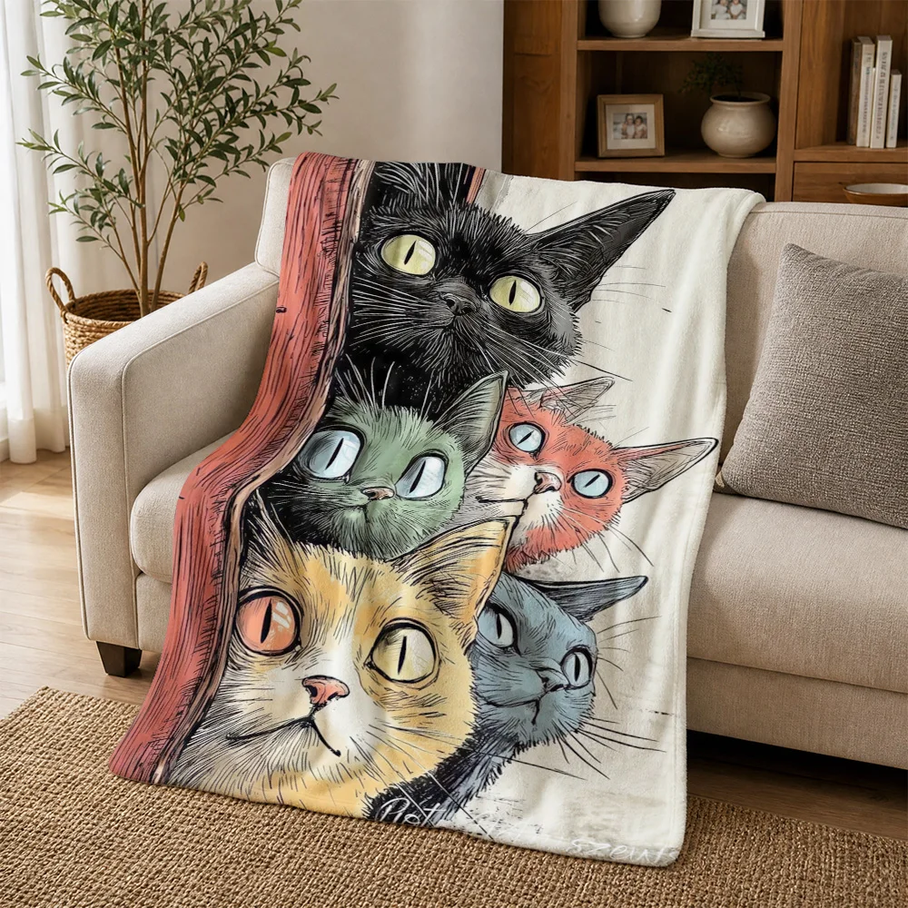 Funny Cat Portrait Throw Blanket for Couch Decor Cute Multi Cat Family Art Print Cozy Throw