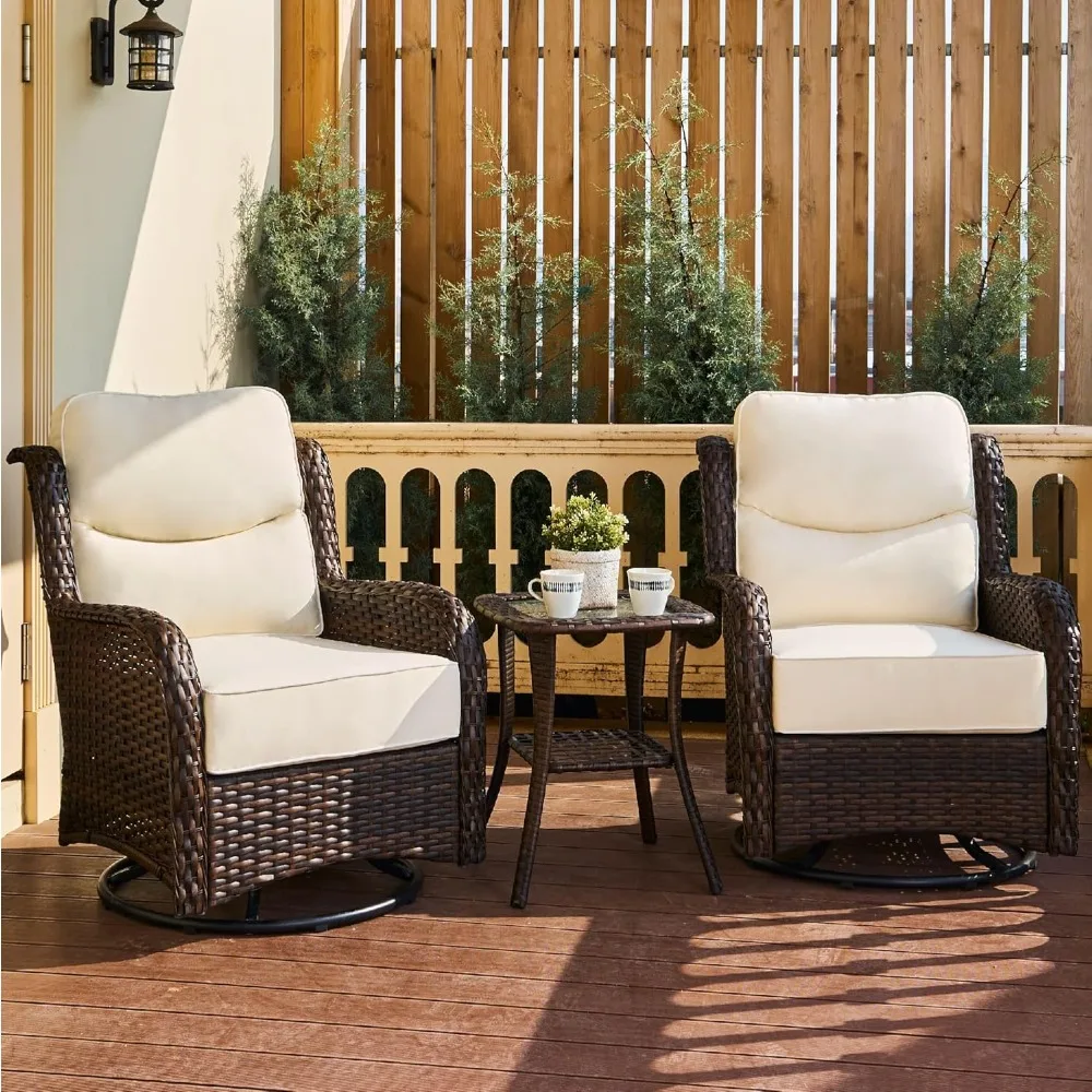 

Luxury high backrest outdoor swivel rocking chair terrace chair set of two, with 6-inch thick cushion and side table