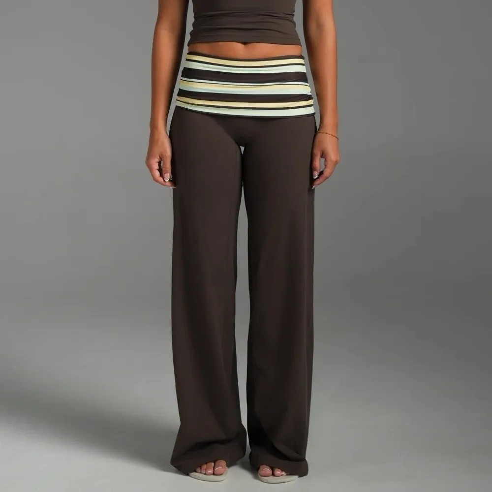 Daily Low Rise Wide Leg Pants Solid Color Stretchy Fold Over Pants Striped Flare Yoga Pants For Women