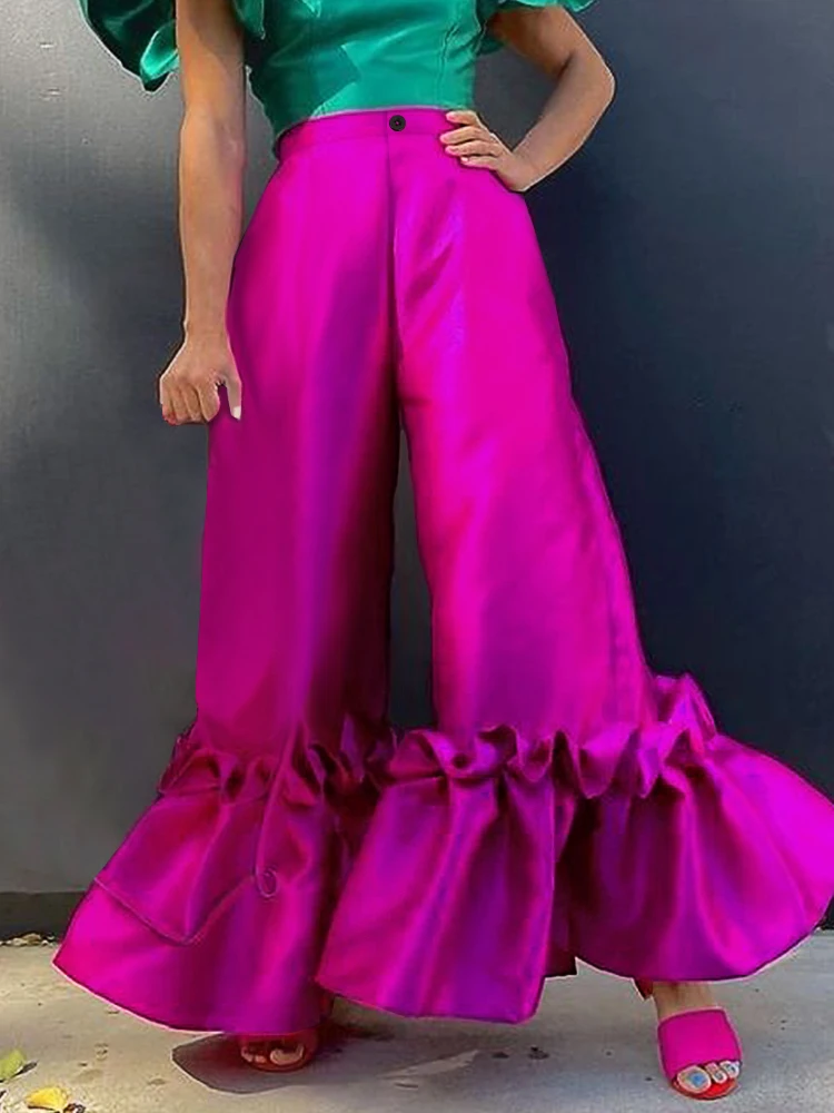 Fuchsia High Waist Pants Shiny Flare Pleated Wide Leg Trendy Long Capris Women Cocktail Party Bottoms Trim Trousers Large Size