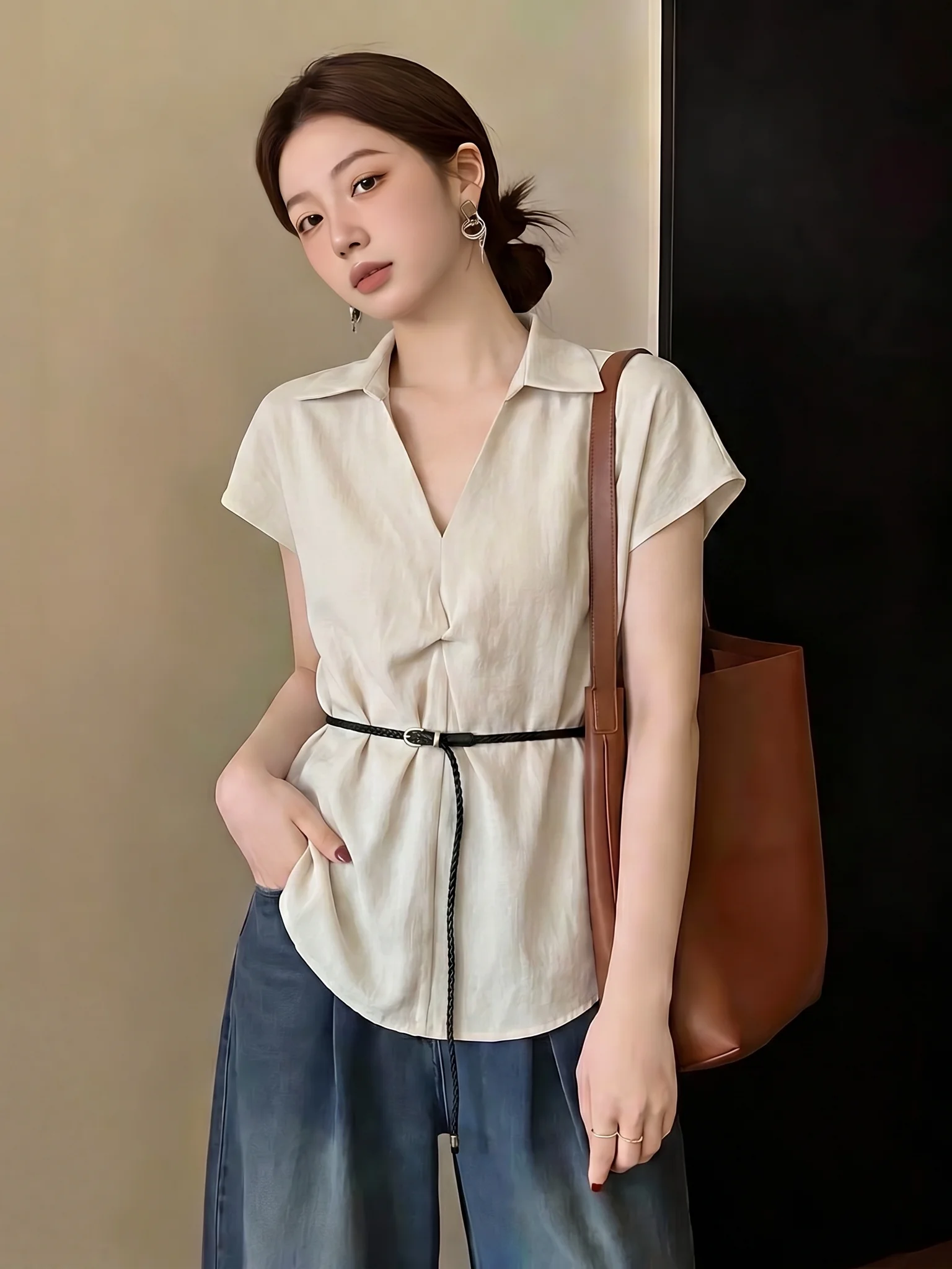 

Premium Denim Blue V-Neck Shoulder Shirt Women's Summer New Large Size Fat MM Mid-Length Waist-Cinching Top Commute Style