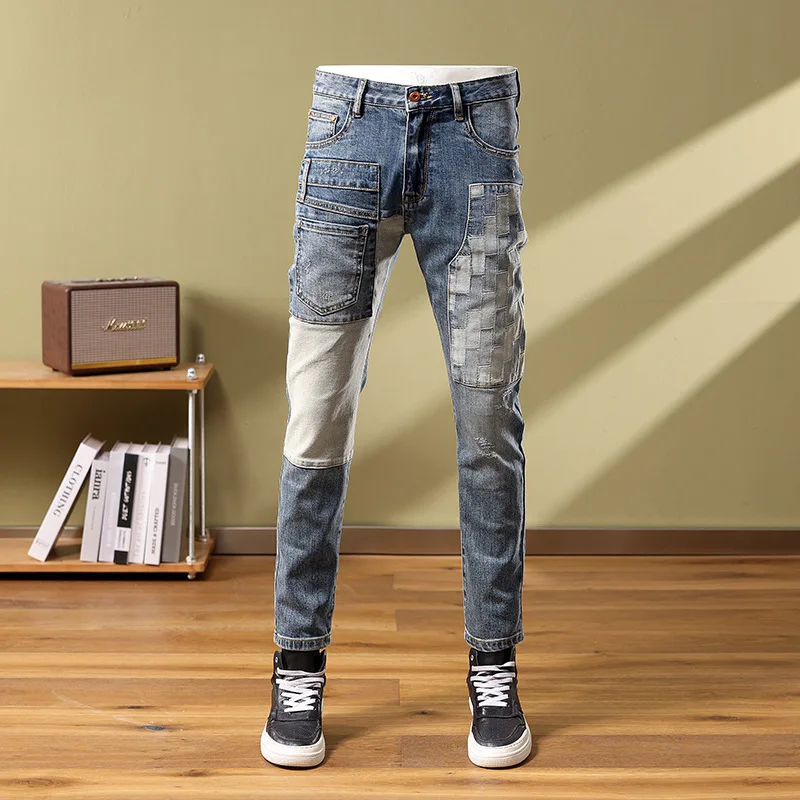 Patch denim jeans men's  patchwork contrasting colors casual stretch slim fit scraped holes beggar long pants for men