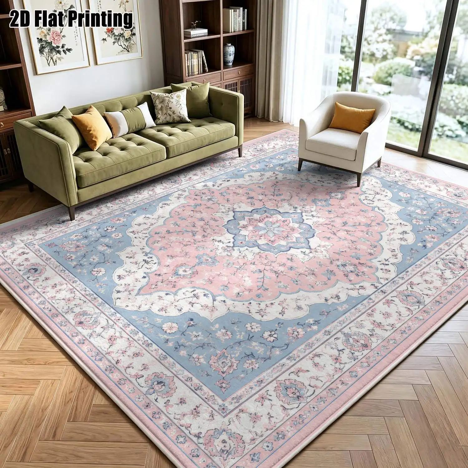1Pc 2D Pink Flower & Blue-White Geometric Velvet Carpet, European/Bohemian/Vintage Style, Machine Washable, Multi-Size for Home Decor, Multi-Scene Use