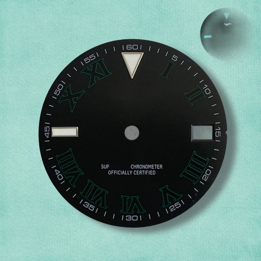 

28.5mm High Quality S Logo Roma Numerals NH35 Dial Fit NH35/NH36/4R Movement Ice Blue Luminous NH35 Modification Accessorie