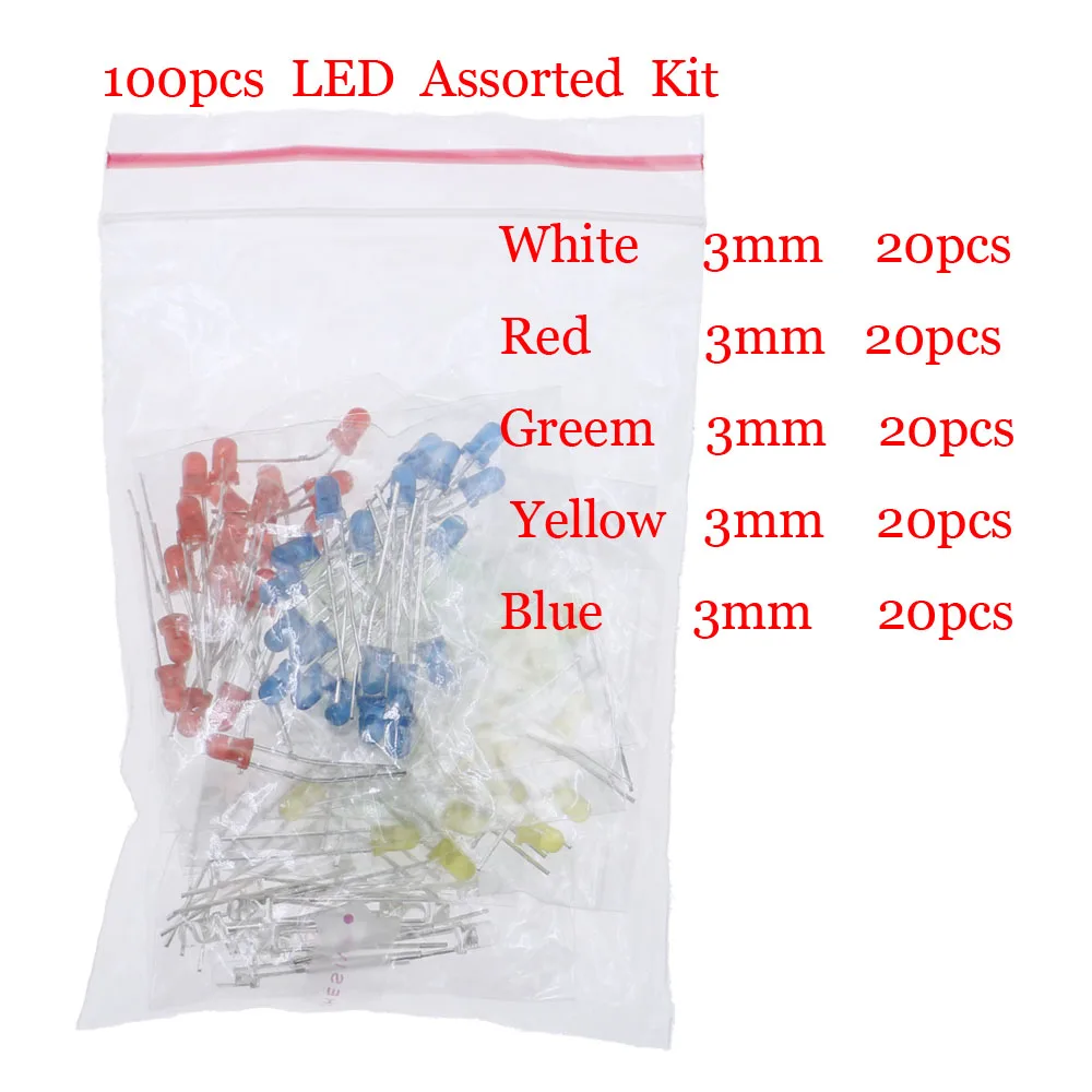 100pcs 3mm LED Diode Assorted Kit White Green Red Blue Yellow Orange Pink Purple Warm white DIY Light Emitting Diode set