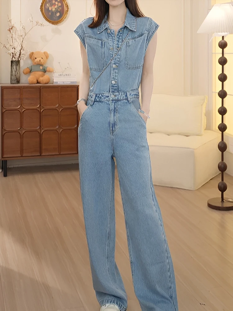 Niebieskie jeansowe spodnie jednoczęściowe damskie, proste nogawki, wysoki stan, spodnie na lato 2025, koreański styl, luźne, wyszczuplające.