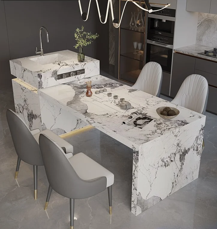 Italian minimalist mid-island rock slab dining table rectangular integrated household light luxury marble cuisine bar counter