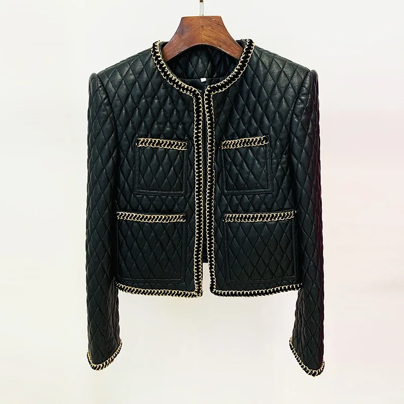 Heavy industry chain edge embellishments diamond grid leather jacket cardigan jacket for women, autumn and winter, long sleeved