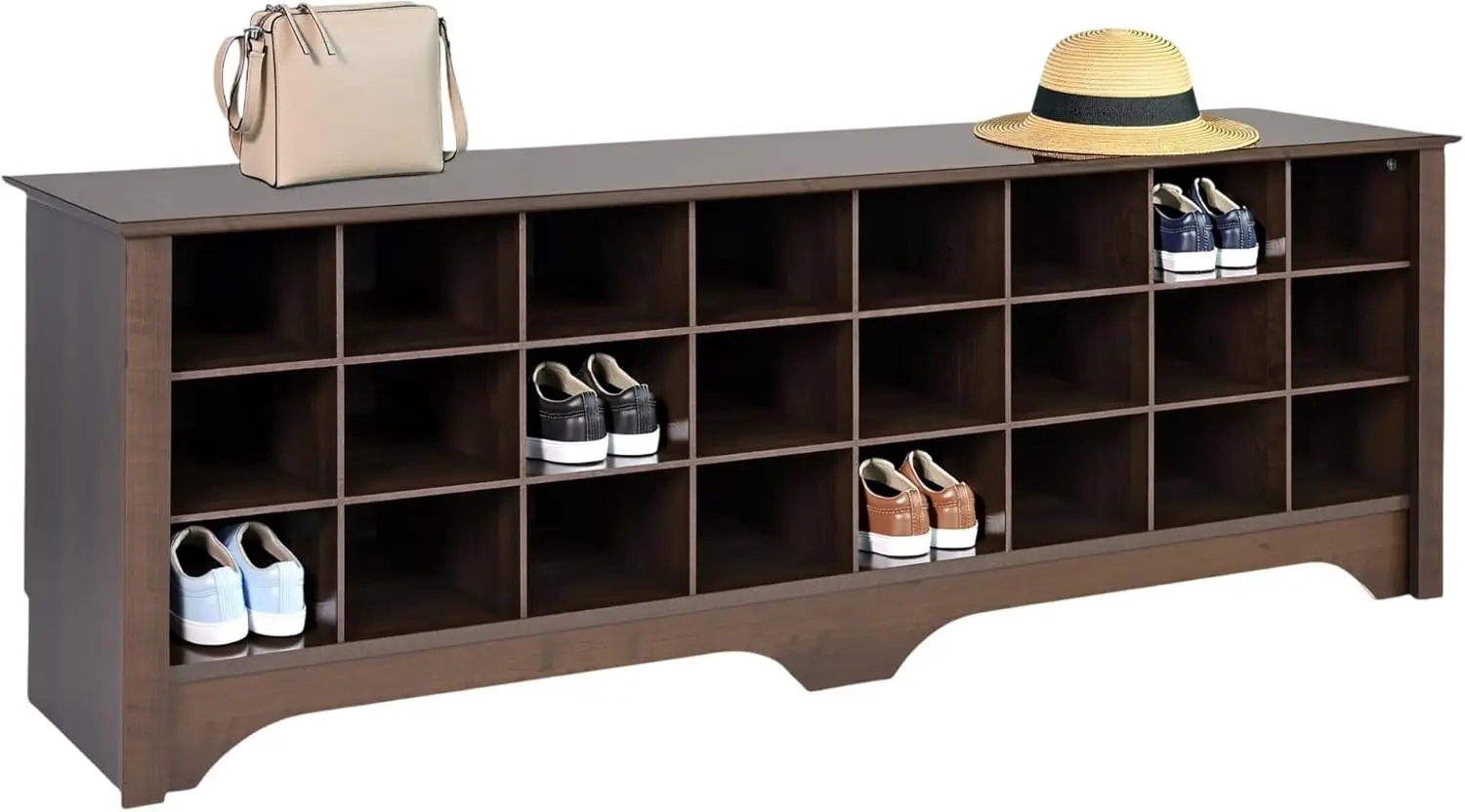24 Pair Shoe Storage Bench, Entryway Organizer with Cubbies, Brown, 15.5