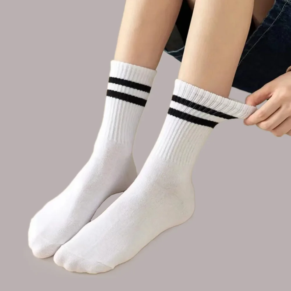 6/12 Pairs High Quality Women\'s High Tube Socks Comfortable Sweat Absorption Breathable Solid Colors Striped Female Casual Socks