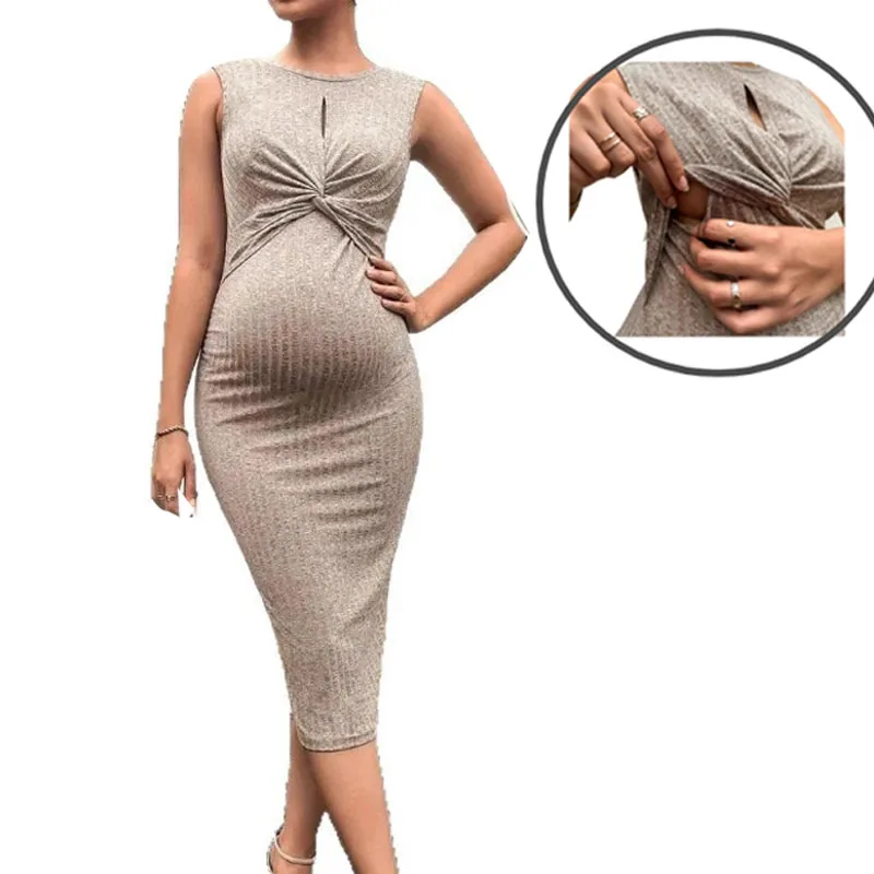 

2025 Spring New Women's Maternity Nursing Dress Lace Crochet Ruffled Bodycon Sleeveless Vest Round Neck Casual Pregnancy Clothes