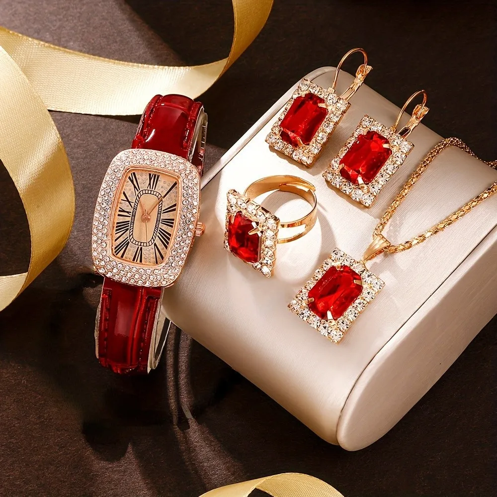 Kegllect женские часы в стиле барокко со стразами, кварцевые часы, прямоугольная стрелка, аналоговые наручные часы и комплект ювелирных изделий из 4 предметов, подарок для мамы и нее