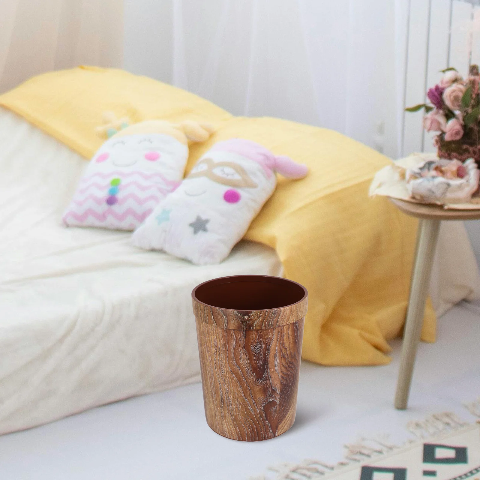 

Plastic Trash Bin 5L Wood Grain Press Top Waste Container For Home Office Kitchen Bedroom Garbage Can Household Rubbish Storage