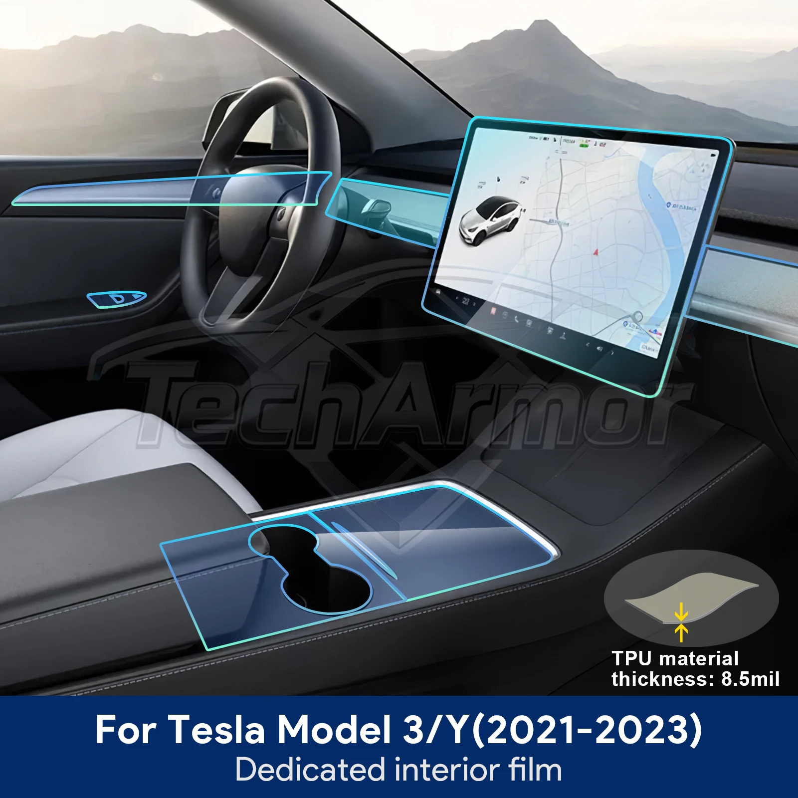 Auto-Innenraum TPU-Schutzfolie Kratzfest für Tesla Model 3/Y 2021-2023 Transparente Schutzaufkleber Zubehör