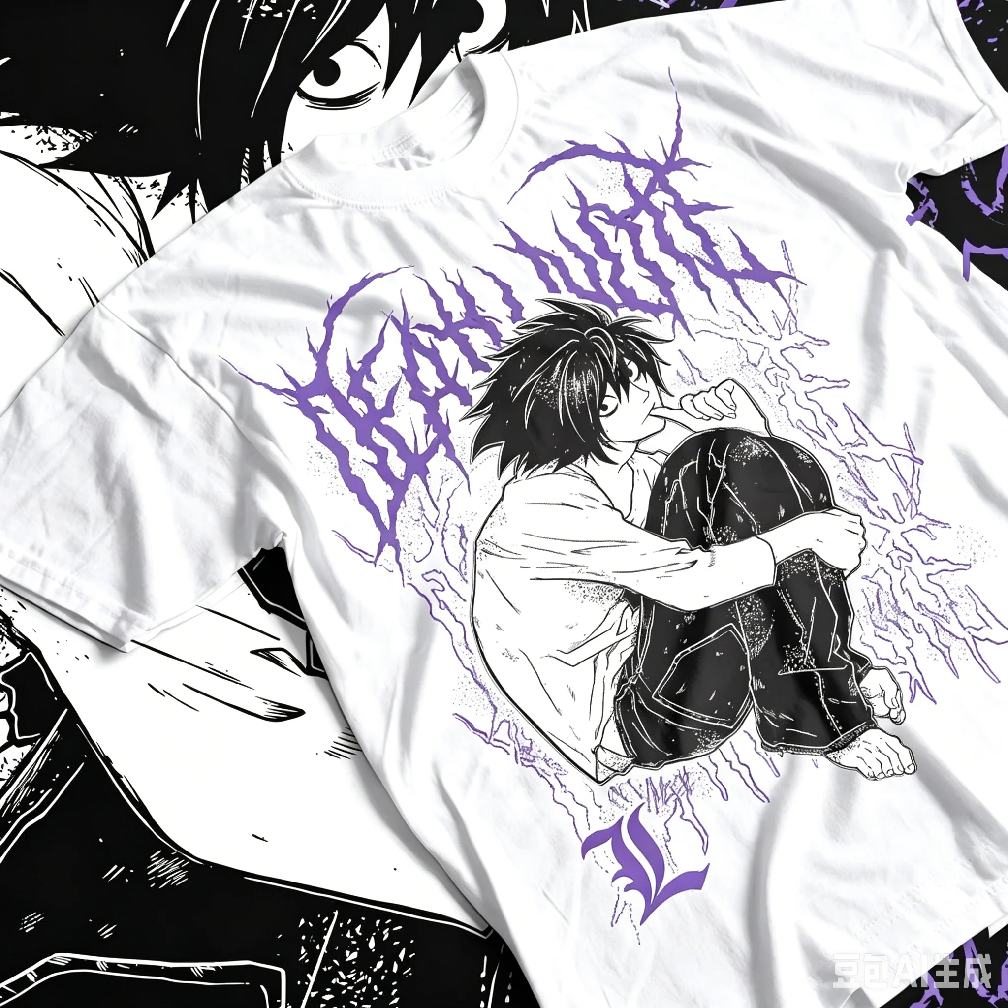 2026 Death Note Single Sided T-shirt Detective L Squat Pose Purple Metal Font Anime Print Oversized Cotton Tee For Otaku Fans