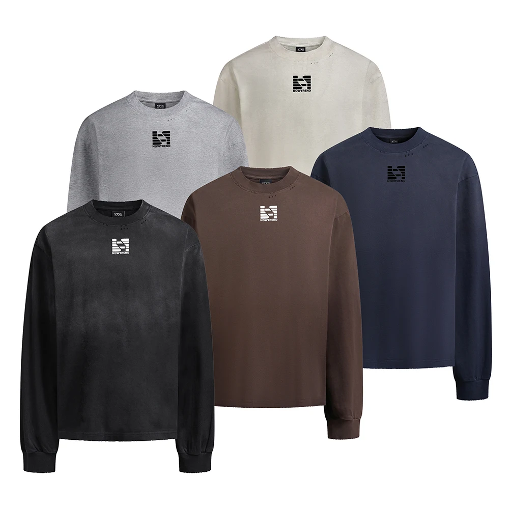 Fashion Retro Washed Print Men's T-shirt Ripped Oversized Y2k Punk Women Clothes Streetwear Cotton Vintage Long Sleeve Tops Tee