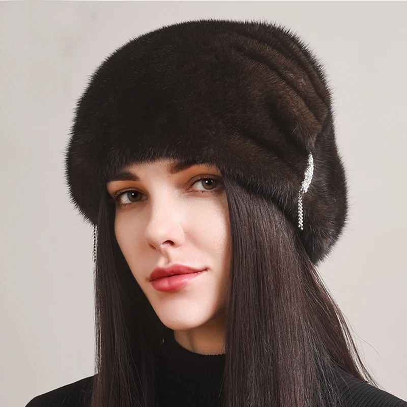 Ladies Fur Hat 2024 Winter Fluffy Mink Fur Russian Fur Hat Women\'s Headband Outdoor Winter Hat Earmuff Ski Cap Keep Warm