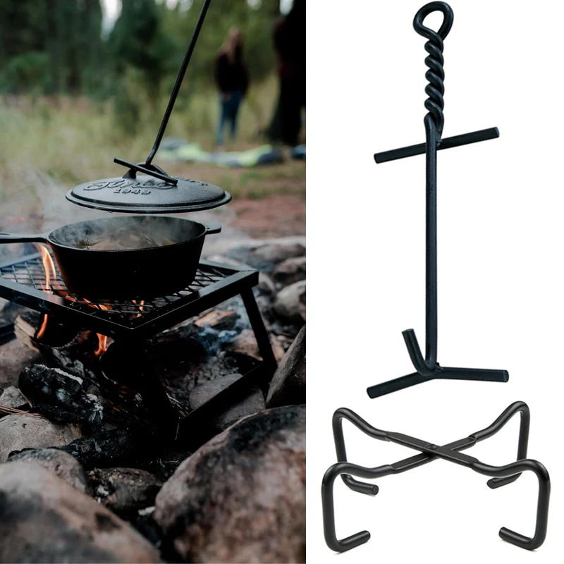 Dutch Oven Accessories Set Folding Lid Stand & Lid Lifter Hook Professional Cast Iron Cookware Tools for Outdoor BBQ Camping