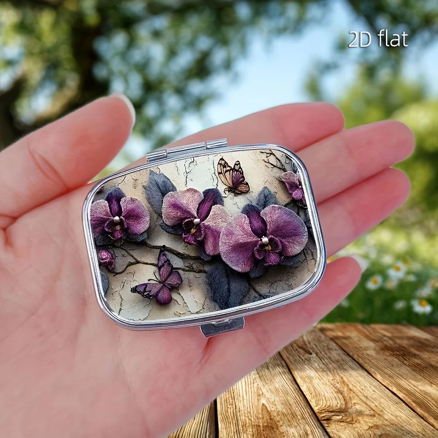 Flat Metal Pill Box with a Butterfly and Flower Design, Double-Layered Mini Portable Pill Box, Decorative Multifunctional Metal Container, with Unique Gift Packaging for Travel and Home Use.