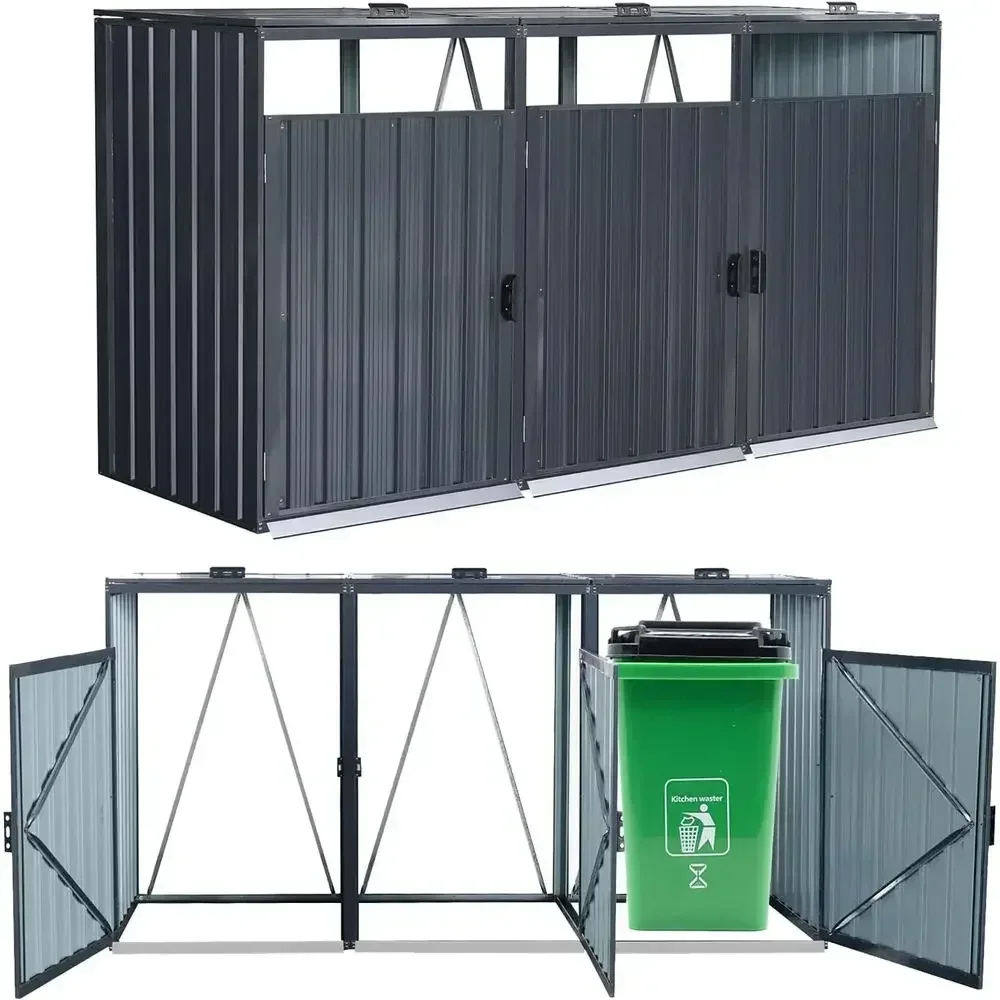 Metal Outdoor Storage Shed for 3 Trash Cans, Lockable, Ideal for Garden, Backyard, and Patio