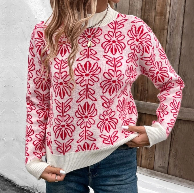 

Women's Sweater Tops Casual 2024 Winter Sweet Mock Neck Long Sleeve Knitted Sweater Floral Jacquard Print Pullover Sweater