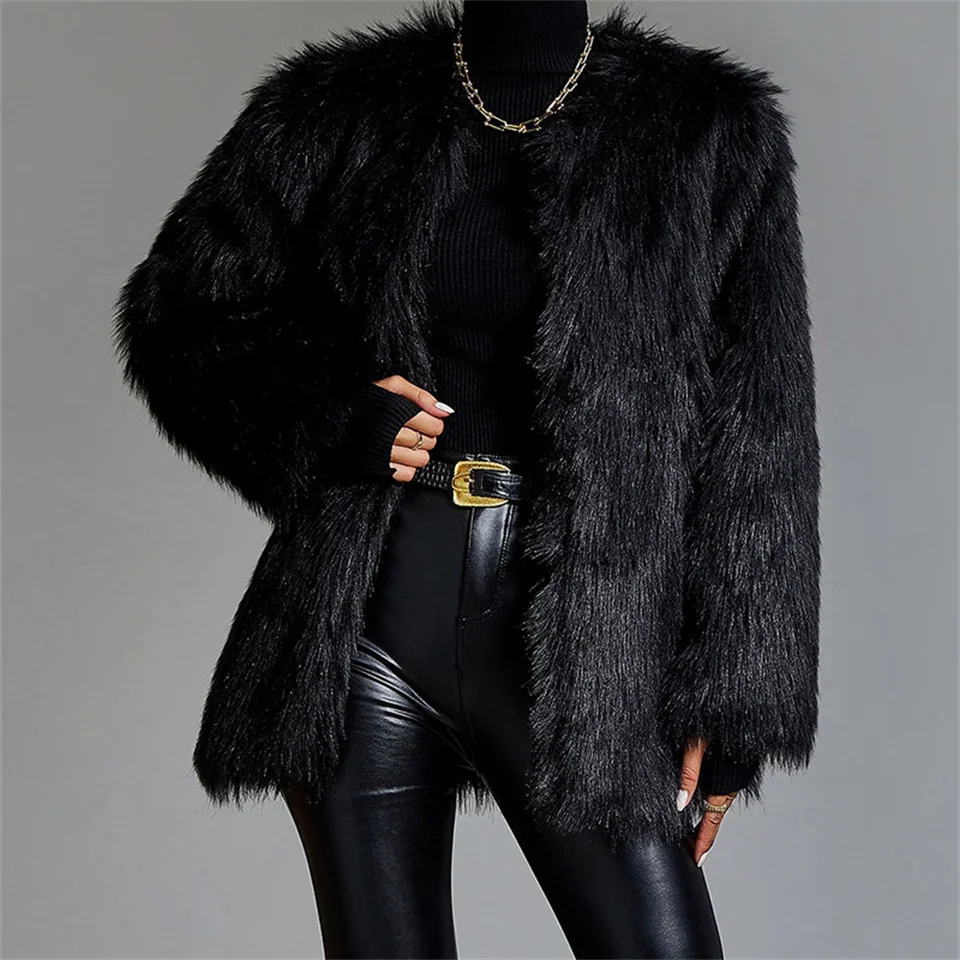 Warme Faux Bontjas Vrouwen Losse Zwarte Pluche Korte Jas Damesjas Fur Herfst Winter Shaggy Bovenkleding