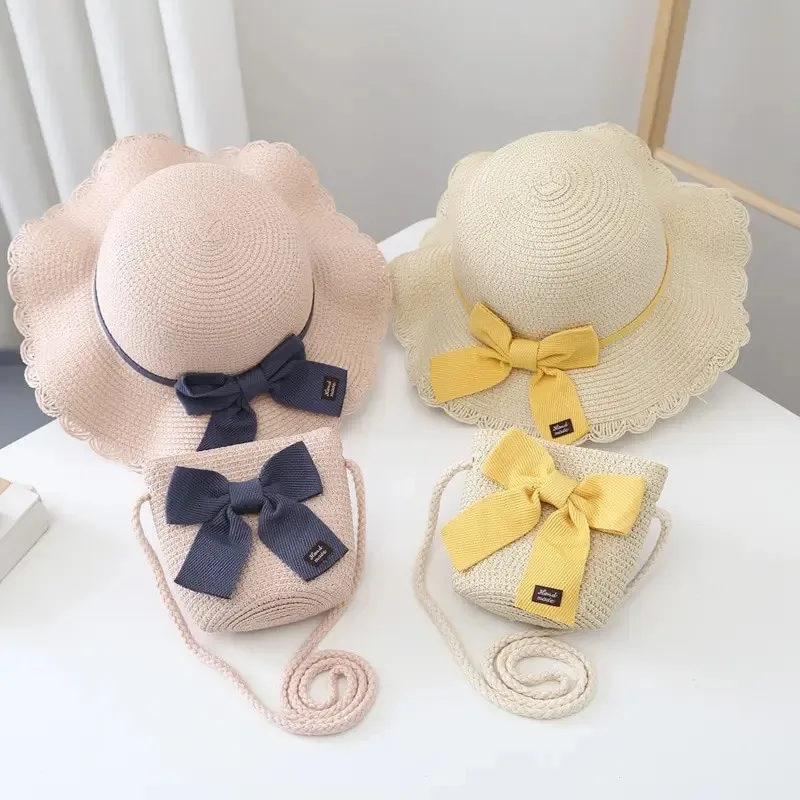 2 Pcs Children Straw Hat and Shoulder Bag Set Girls Summer Outdoor Beach Cap Cute Bow Travel Beach Sun Hat Bag