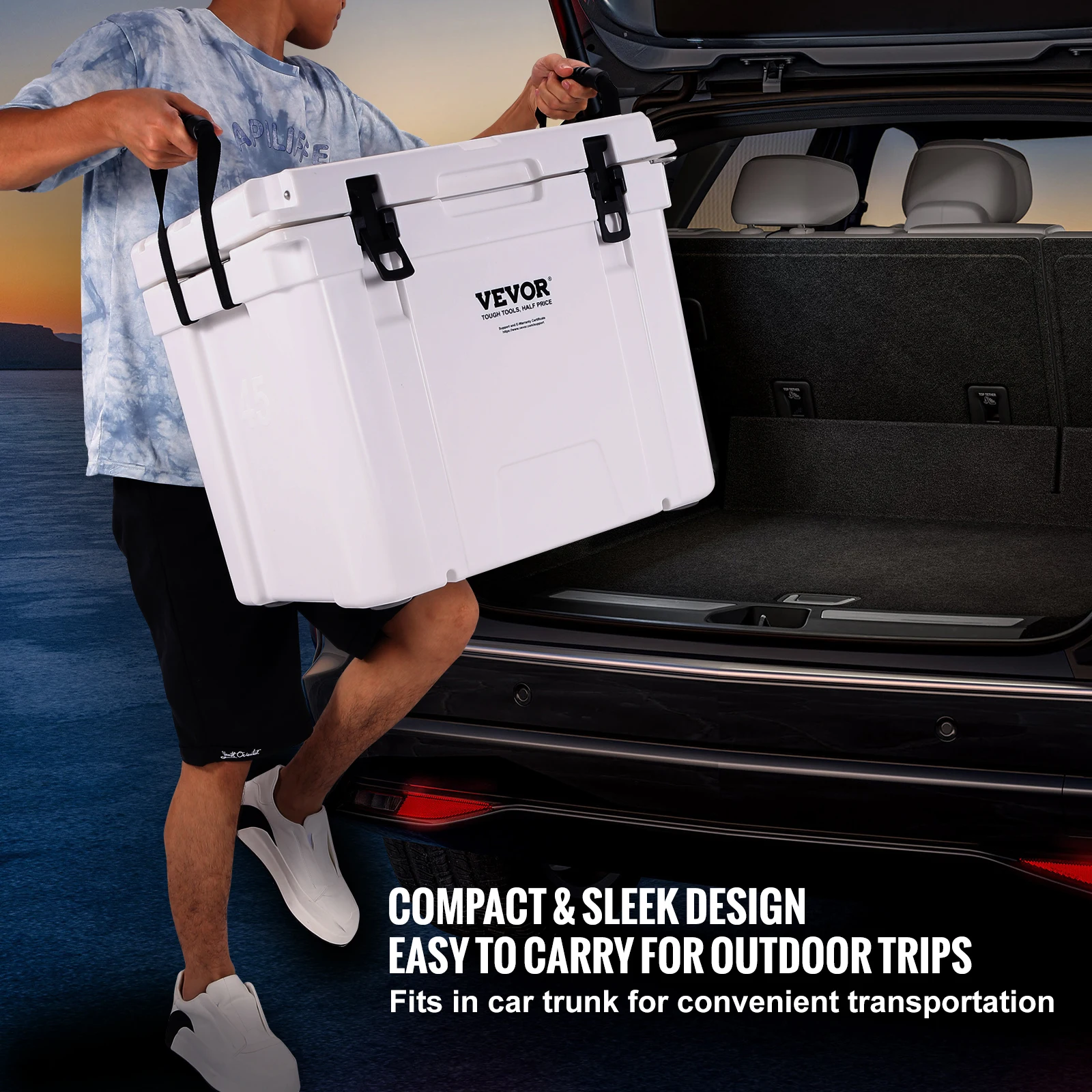 مبرد محمول معزول من VEVOR، 45 لترًا، يحمل 45 علبةًا، مبرد صلب للاحتفاظ بالثلج مع مقبض عالي التحمل، صندوق غداء على الصدر الجليدي