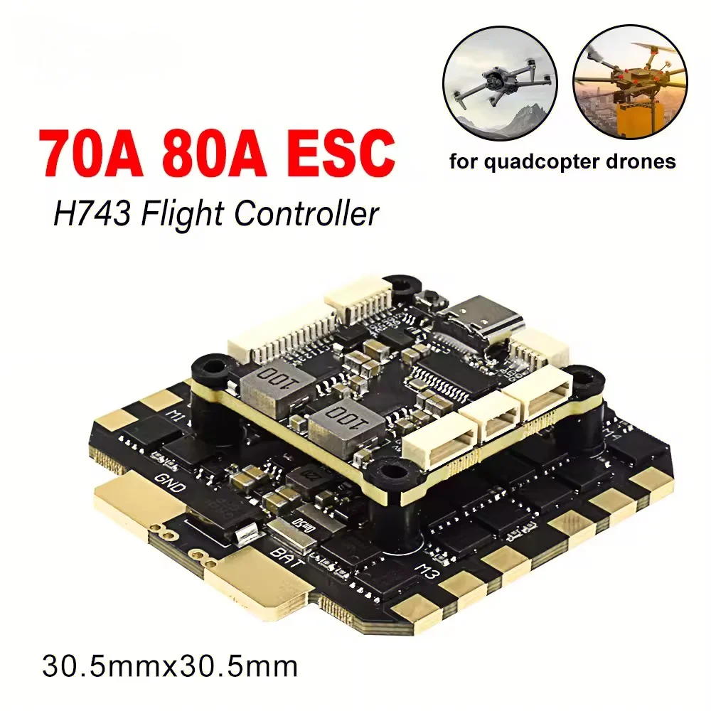 Flight Stack H743 Flight Control Elrs H743 4in1 70A/80A ESC 3-8S Lipo 30,5x30,5 мм Dual ICM42688 Gyro 7 UART для гоночного дрона на радиоуправлении