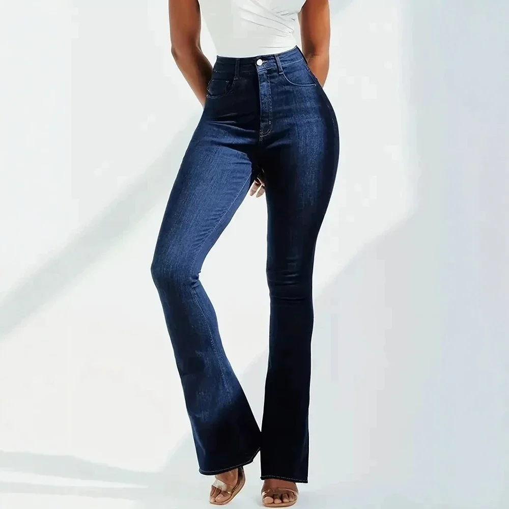 

Women's Spring Summer Jeans High-Waisted Metal Button Zip Fly Flared Ankle Stretch Denim Jeans