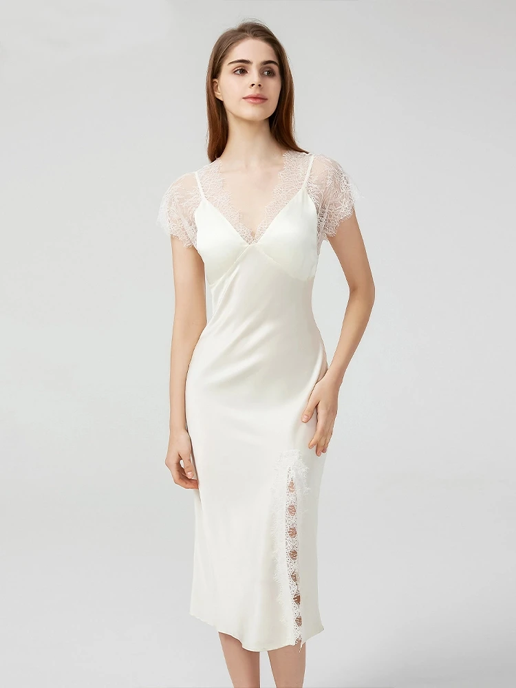 

Ночная сорочка из 100% шелка тутового шелкопряда 19 мм для женщин, прозрачная кружевная пижама, ночная рубашка с короткими рукавами, нижнее белье, комбинация, пижама