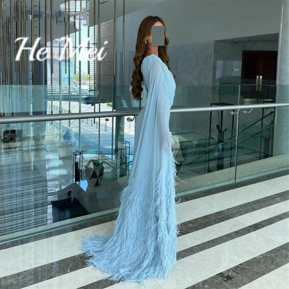 Elegant Prom Dress For Women Beach With Fearther Formal Evening Gowns Floor Length O-Neck Split Party Dresses فساتين الحفلات