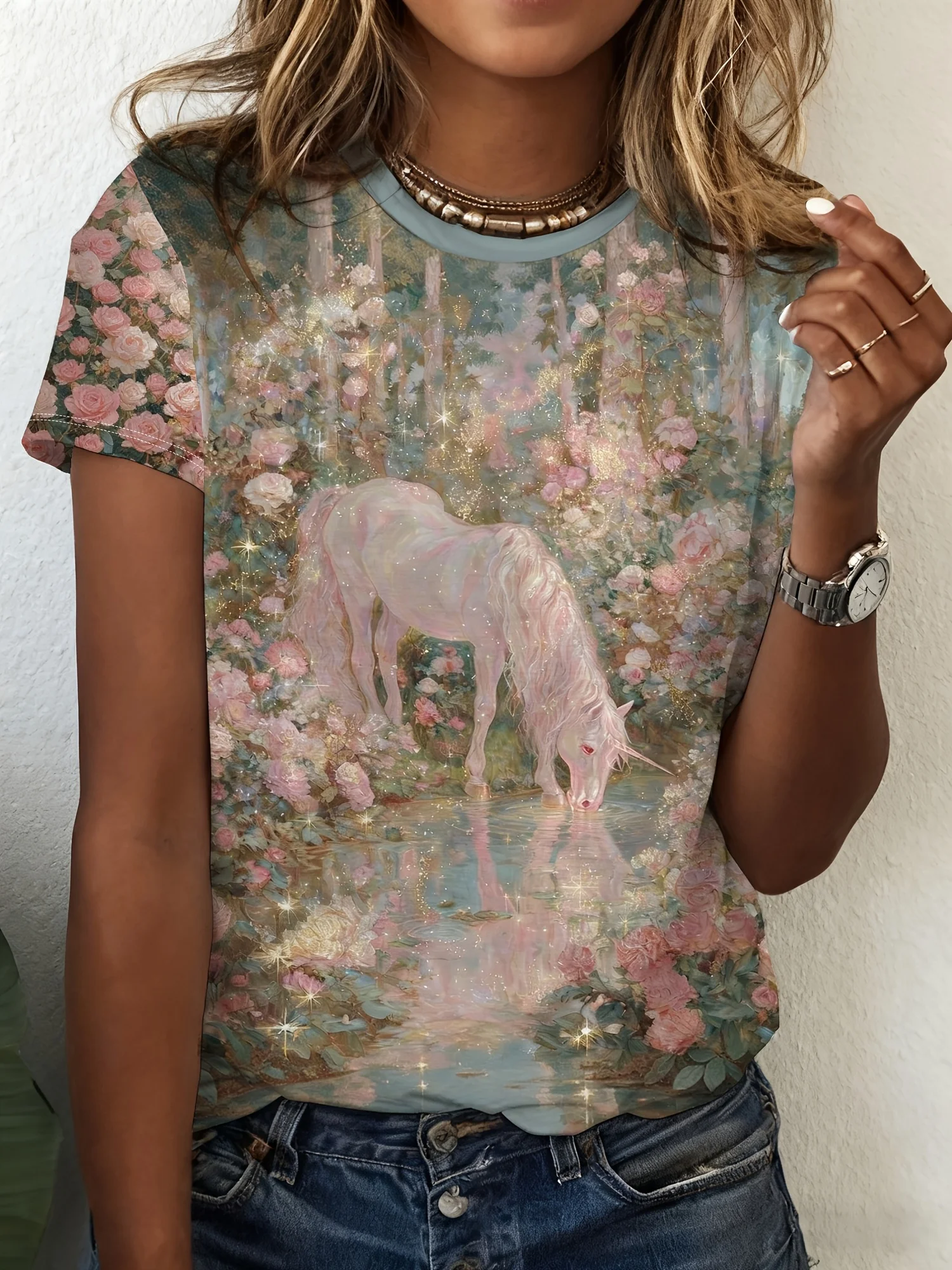 Women Crew Neck Short Sleeve T‑Shirt, Pink Unicorn Drinking Water In Flower Garden Pond Fantasy Art Graphic Casual Tee