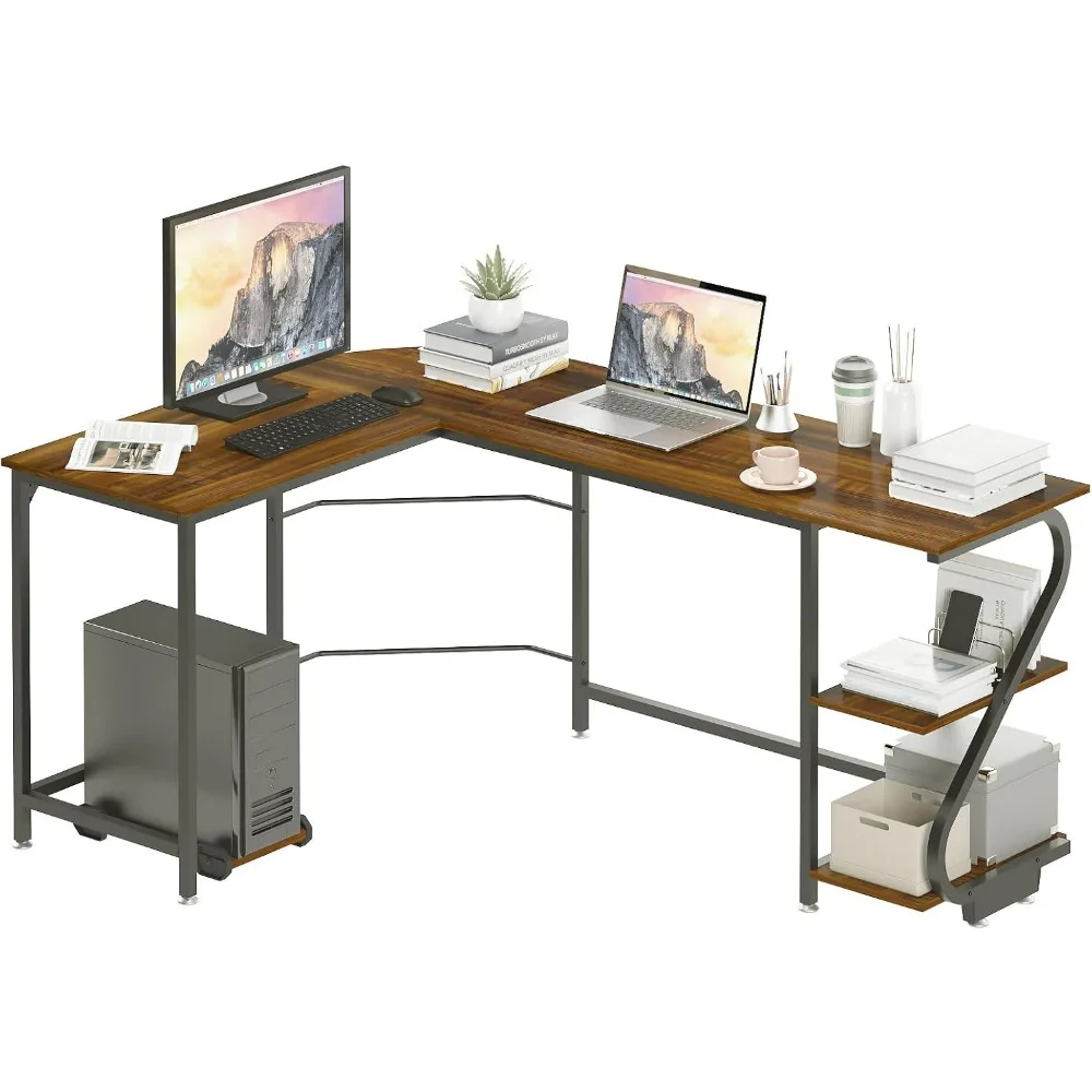 Reversible L-Shaped Desk with Shelves Large Corner Gaming Computer Desks for Home Office Writing Workstation Wooden Table