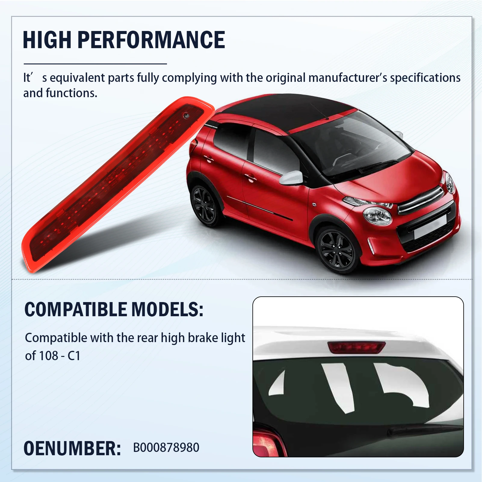 مصباح LED للفرامل الخلفية عالية المستوى لسيارة 2014-2022 Citroen C1 Peugeot 108 Toyota Aygo CHMSL B000878980B00