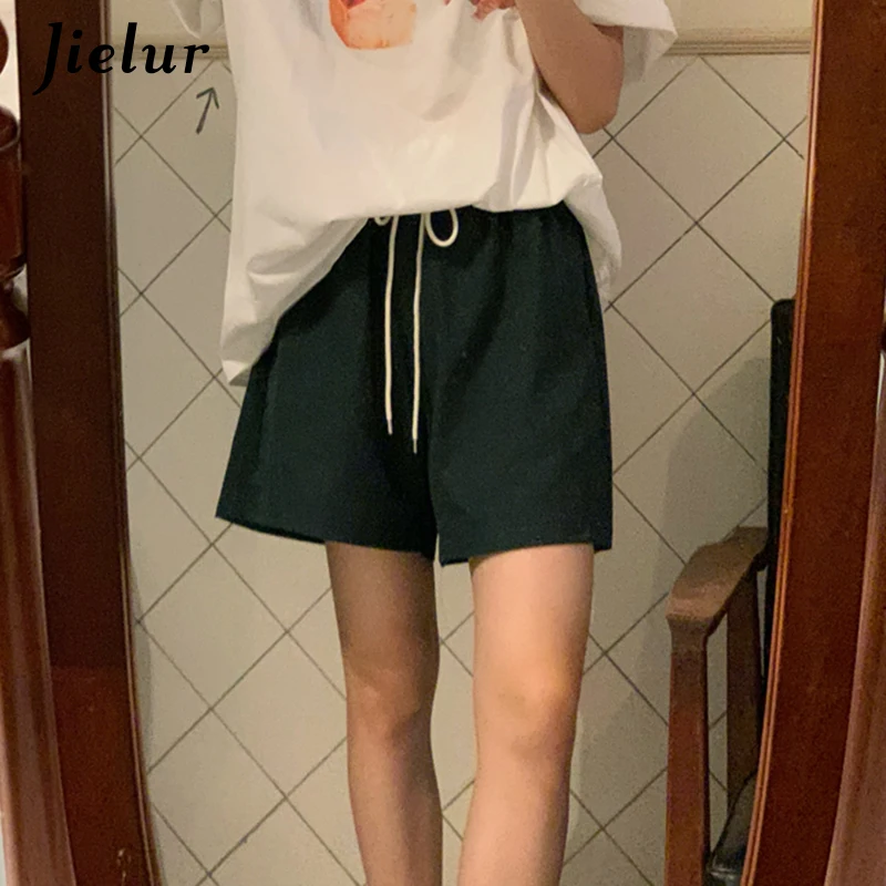 

Elastic Waist Loose Wide Leg Sports Shorts Women Black Apricot Drawstring Short Female Solid Color Women's Shorts M-L NEW