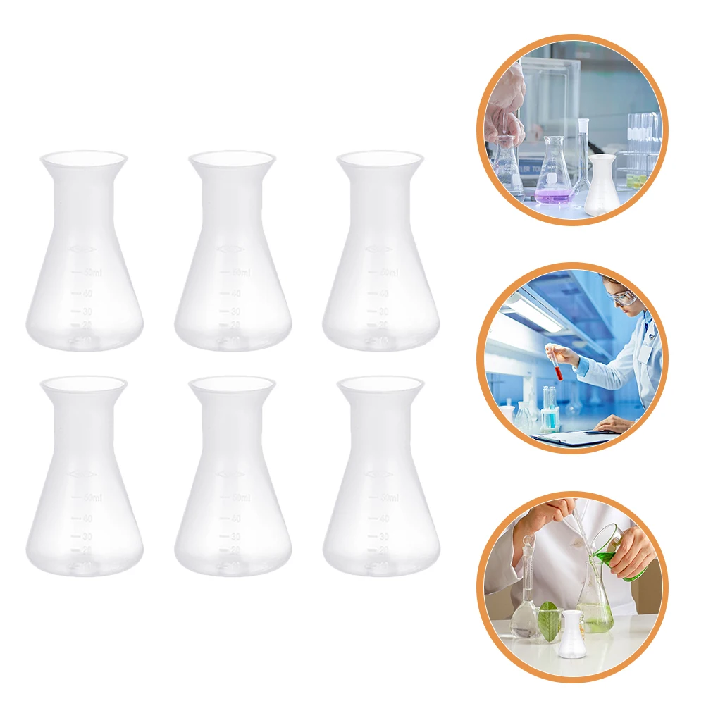 

6pcs Plastic Flasks 50Ml Clear Erlenmeyer Flask Science Lab Bottles Leak-Proof Chemistry Class Laboratory Supplies