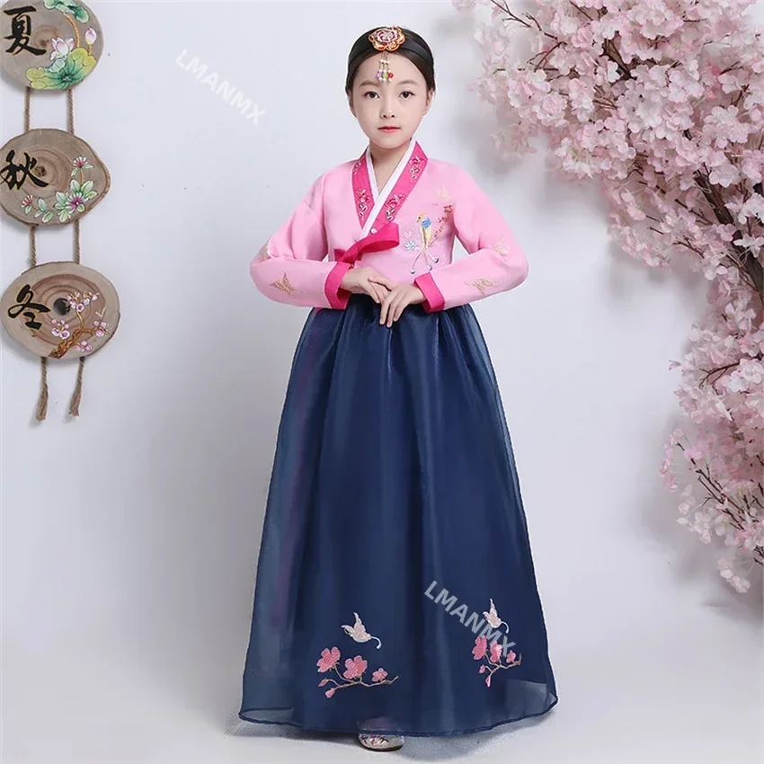 Traditional Korean Clothing Girls Hanbok Embroidery Long Sleeve Ancient Dance Costume Stage Performance Retro Court Dress