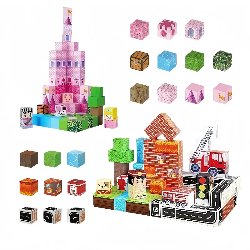 

Magnetic Building Blocks Magnet Word Set for Boys Girls Age 3+ DIY Model Pink castle and city firefighter Street View Game Toy