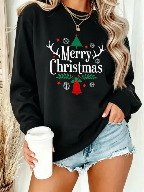 Vintage Farmhouse Xmas Women Crewneck Sweatshirt Merry Christmas Antler Bell Snowflake Graphic Print Oversized Fleece Long Sleeve Pullover White Casual Top