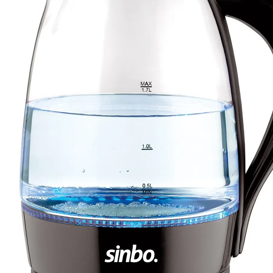 Sinbo Cordless Black Glass Kettle (1.7L) Water Boiler Auto Turn-Off Keep Warm Water Level Indicator Safety 360° Swivel Feature